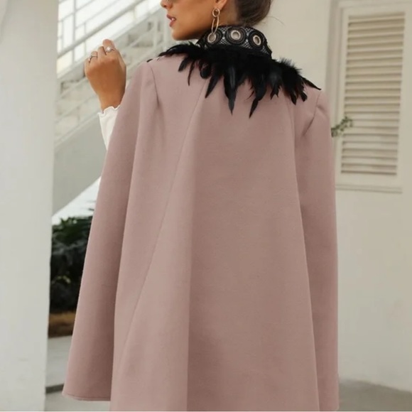 Classic gray Open Front Feather Trim Cape Jacket - Picture 9 of 11